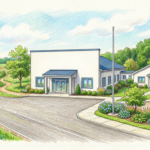 Hand-drawn illustration of a rural community hospital and clinic on a country road