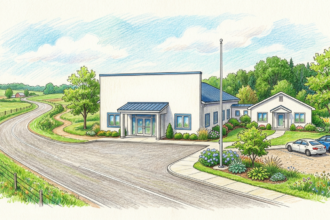 Hand-drawn illustration of a rural community hospital and clinic on a country road