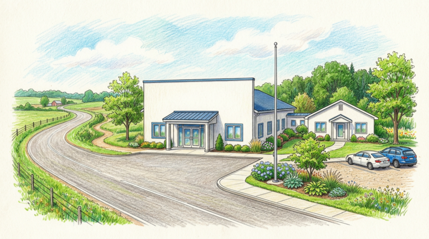 Hand-drawn illustration of a rural community hospital and clinic on a country road