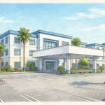 Hand-drawn illustration of a California hospital campus with palm trees and a covered entrance