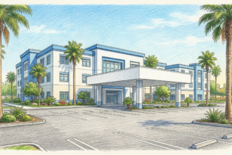 Hand-drawn illustration of a California hospital campus with palm trees and a covered entrance