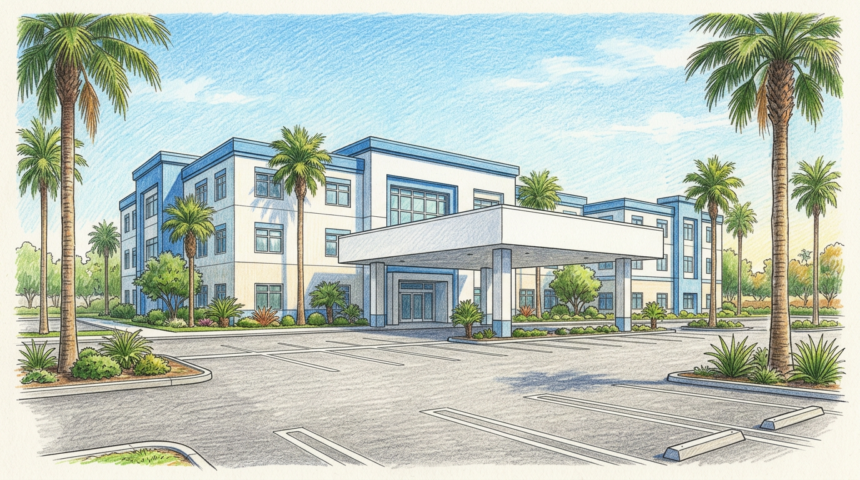Hand-drawn illustration of a California hospital campus with palm trees and a covered entrance