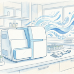 Hand-drawn illustration of a DNA analyzer in a bright diagnostic laboratory