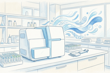 Hand-drawn illustration of a DNA analyzer in a bright diagnostic laboratory