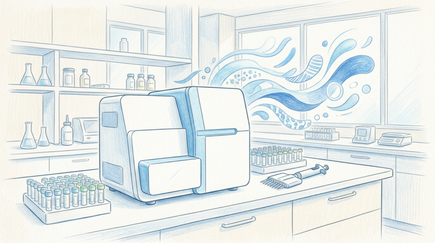 Hand-drawn illustration of a DNA analyzer in a bright diagnostic laboratory