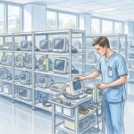 Biomedical technician checking medical equipment in a bright hospital storage room
