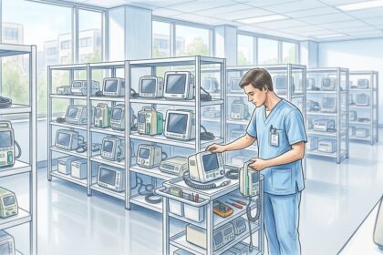 Biomedical technician checking medical equipment in a bright hospital storage room