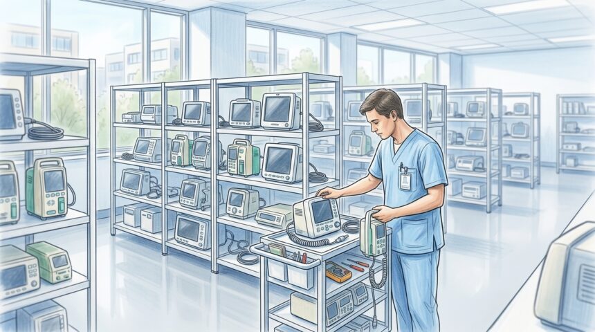 Biomedical technician checking medical equipment in a bright hospital storage room