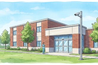 Rural hospital building entrance with a nurse outside under a blue sky