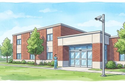 Rural hospital building entrance with a nurse outside under a blue sky