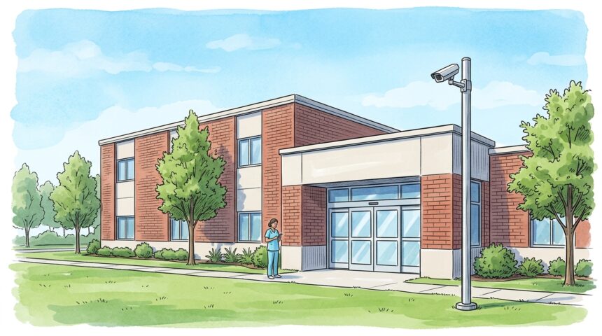 Rural hospital building entrance with a nurse outside under a blue sky