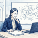 Health system analyst at a desk with a network diagram on a whiteboard behind her