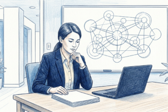 Health system analyst at a desk with a network diagram on a whiteboard behind her
