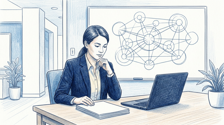 Health system analyst at a desk with a network diagram on a whiteboard behind her