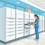 Hand-drawn illustration of a bright hospital pharmacy with white automated medication dispensing cabinets and a pharmacist in blue scrubs