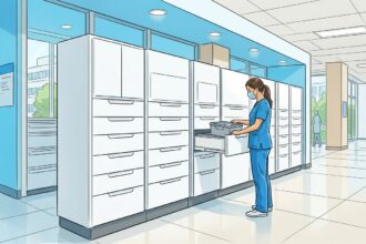 Hand-drawn illustration of a bright hospital pharmacy with white automated medication dispensing cabinets and a pharmacist in blue scrubs