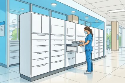 Hand-drawn illustration of a bright hospital pharmacy with white automated medication dispensing cabinets and a pharmacist in blue scrubs