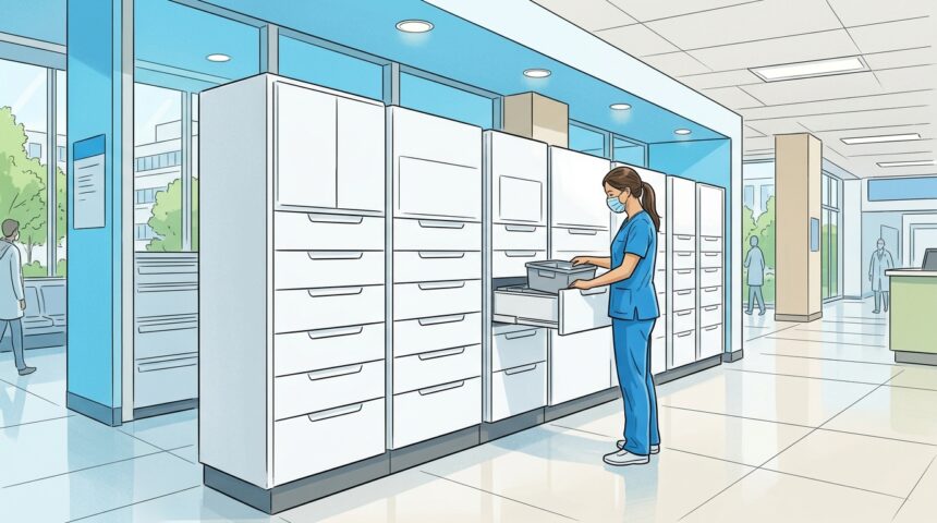 Hand-drawn illustration of a bright hospital pharmacy with white automated medication dispensing cabinets and a pharmacist in blue scrubs