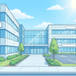 Hand-drawn illustration of a clean modern medical office campus with glass entrances and an ambulance in a bright parking lot