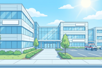 Hand-drawn illustration of a clean modern medical office campus with glass entrances and an ambulance in a bright parking lot