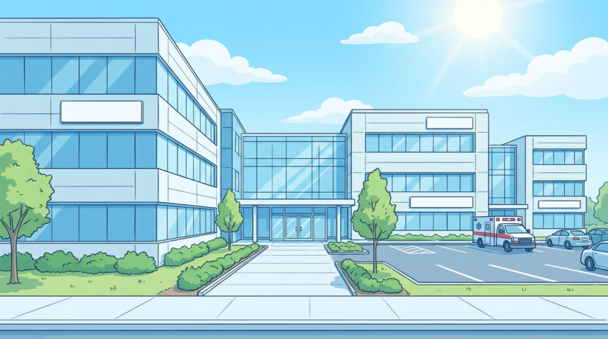 Hand-drawn illustration of a clean modern medical office campus with glass entrances and an ambulance in a bright parking lot