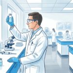 Hand-drawn illustration of a bright pharmaceutical research laboratory with a scientist in a white lab coat holding a clear glass vial