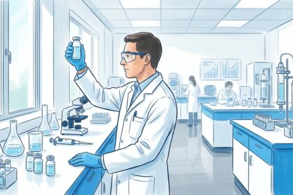 Hand-drawn illustration of a bright pharmaceutical research laboratory with a scientist in a white lab coat holding a clear glass vial