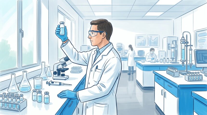 Hand-drawn illustration of a bright pharmaceutical research laboratory with a scientist in a white lab coat holding a clear glass vial