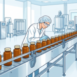 Hand-drawn illustration of a bright supplement manufacturing line with a worker in a white coat and hairnet inspecting amber bottles