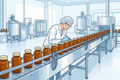Hand-drawn illustration of a bright supplement manufacturing line with a worker in a white coat and hairnet inspecting amber bottles