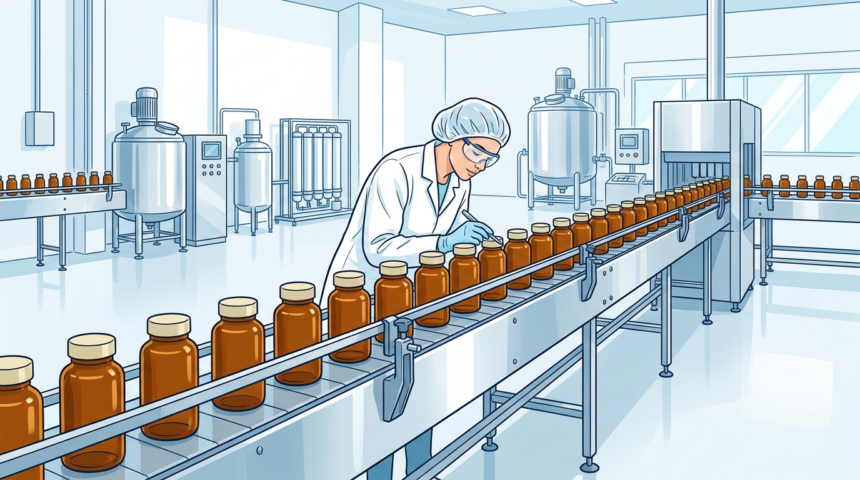 Hand-drawn illustration of a bright supplement manufacturing line with a worker in a white coat and hairnet inspecting amber bottles