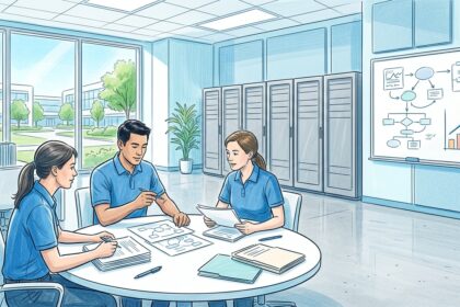 Security analysts reviewing ransomware advisory documents in a hospital IT operations center
