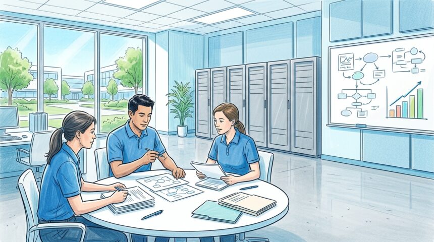 Security analysts reviewing ransomware advisory documents in a hospital IT operations center