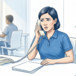 Concerned employee on a desk phone after a vishing attack in a Medicaid plan office