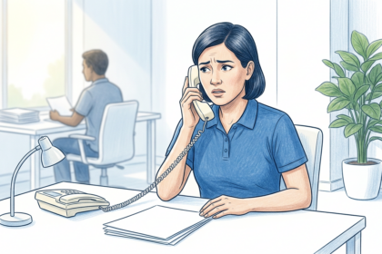 Concerned employee on a desk phone after a vishing attack in a Medicaid plan office