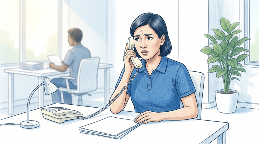 Concerned employee on a desk phone after a vishing attack in a Medicaid plan office