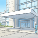 Hospital campus entrance with staff walking in during a ransomware outage