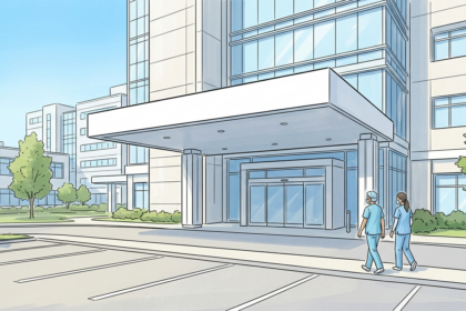 Hospital campus entrance with staff walking in during a ransomware outage