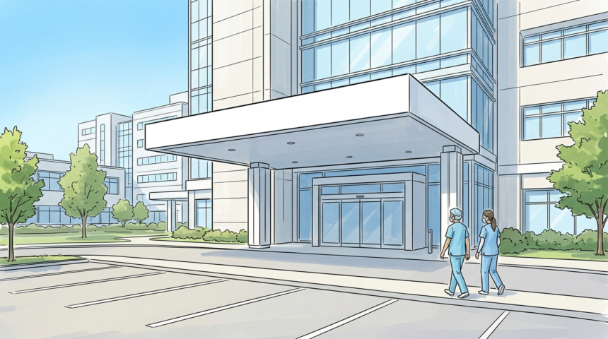Hospital campus entrance with staff walking in during a ransomware outage
