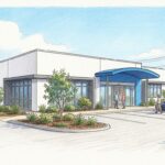 Hand-drawn illustration of a modern Australian medical clinic exterior in blue and white