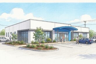 Hand-drawn illustration of a modern Australian medical clinic exterior in blue and white