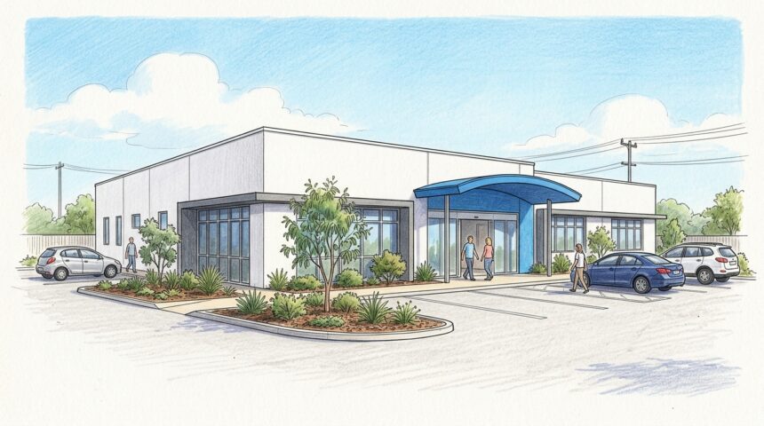 Hand-drawn illustration of a modern Australian medical clinic exterior in blue and white