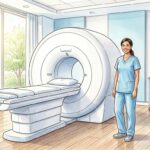 Hand-drawn illustration of a technician beside a white MRI scanner in a bright imaging suite