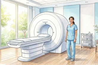 Hand-drawn illustration of a technician beside a white MRI scanner in a bright imaging suite