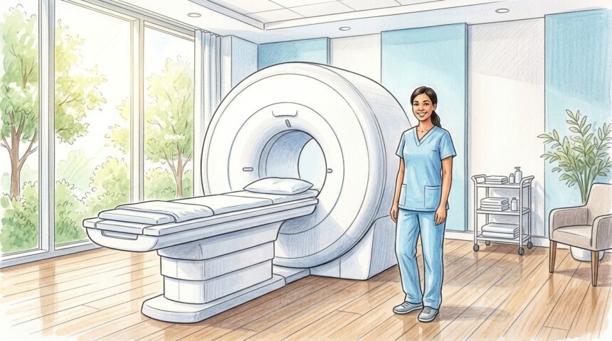 Hand-drawn illustration of a technician beside a white MRI scanner in a bright imaging suite