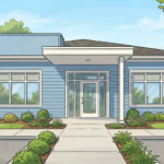 Hand-drawn illustration of a small-town medical office building exterior in blue and white