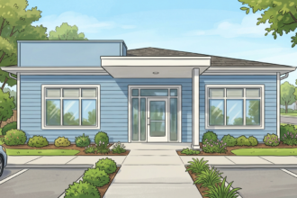 Hand-drawn illustration of a small-town medical office building exterior in blue and white