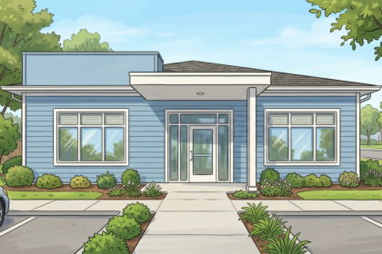 Hand-drawn illustration of a small-town medical office building exterior in blue and white