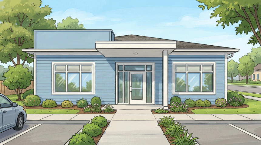 Hand-drawn illustration of a small-town medical office building exterior in blue and white