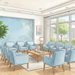 Hand-drawn illustration of a bright behavioral health clinic waiting room in light blue tones